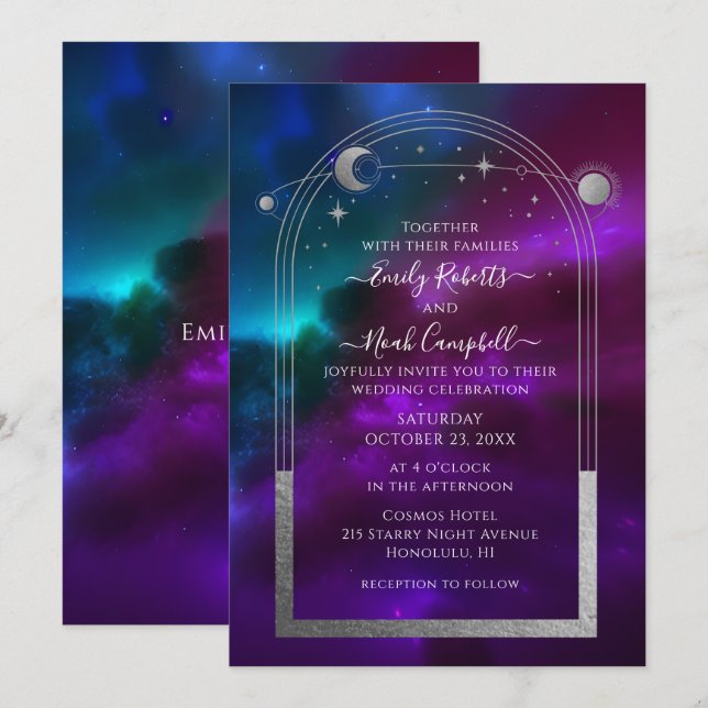 Invitación Boda Celestial Morado Turquesa Sol Luna Estrellas (Anverso / Reverso)