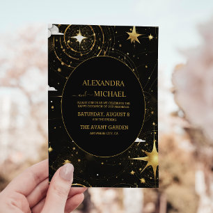 Invitación Boda Celestial Mystical Black Gold Sun Moon