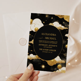 Invitación Boda Celestial Mystical Black Gold Sun Moon