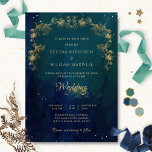 Invitación Boda Celestial Navy Blue Mid Summer Night Dream<br><div class="desc">Deléitese con sus invitados con esta elegante y única y estrepitosa invitación a una boda celestial con una preciosa marina azul y un verde fondo celeste con estrellas delicadas y delicadas guirnaldas doradas en tonos dorados. Capacidad para cambiar y personalizar todas las secciones de texto para adaptarlas a sus necesidades....</div>