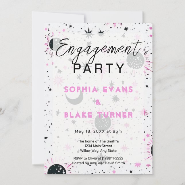 Invitación Boda Celestial Negra y Rosa Compromiso Fiesta (Anverso)