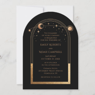 Invitación Boda Celestial Negro Oro Sol Luna Estrellas