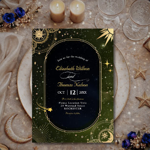 Invitación Boda Celestial Oliva Verde Sol Luna Estrellas