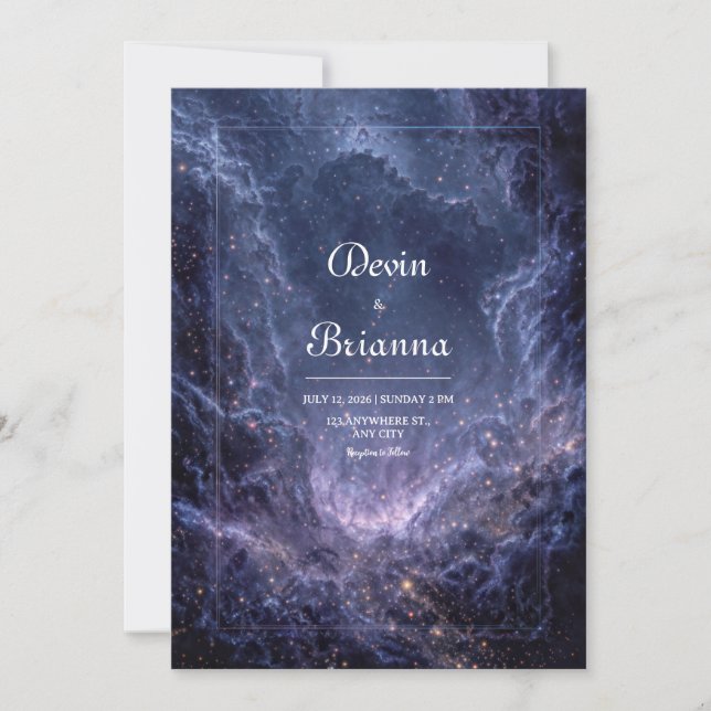 Invitación Boda Celestial Polvo de Estrellas Azul Cósmico (Anverso)