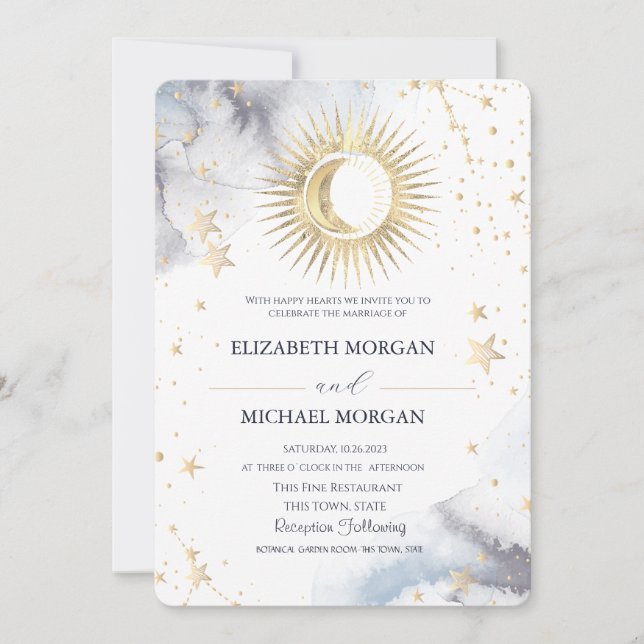 Invitación Boda Celestial Sol, Luna, Estrellas (Anverso)