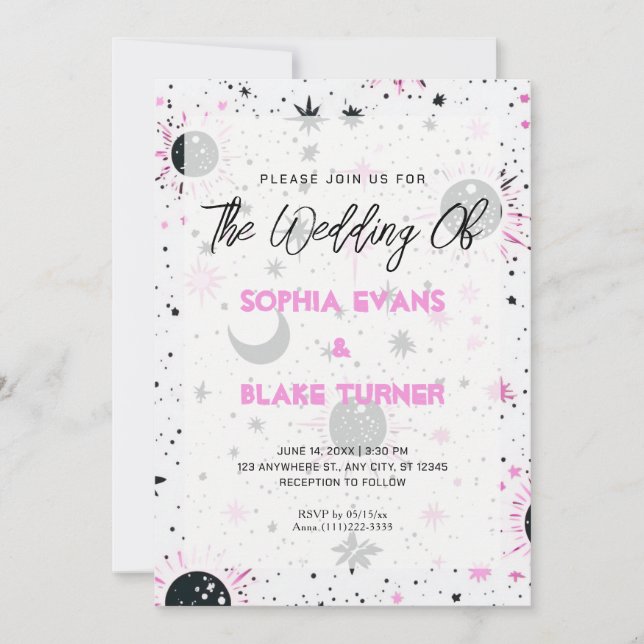 Invitación Boda Celestial Sol Luna Estrellas Negro y Rosa (Anverso)