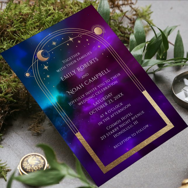 Invitación Boda Celestial Sol Luna Estrellas Púrpura Turquesa (Subido por el creador)