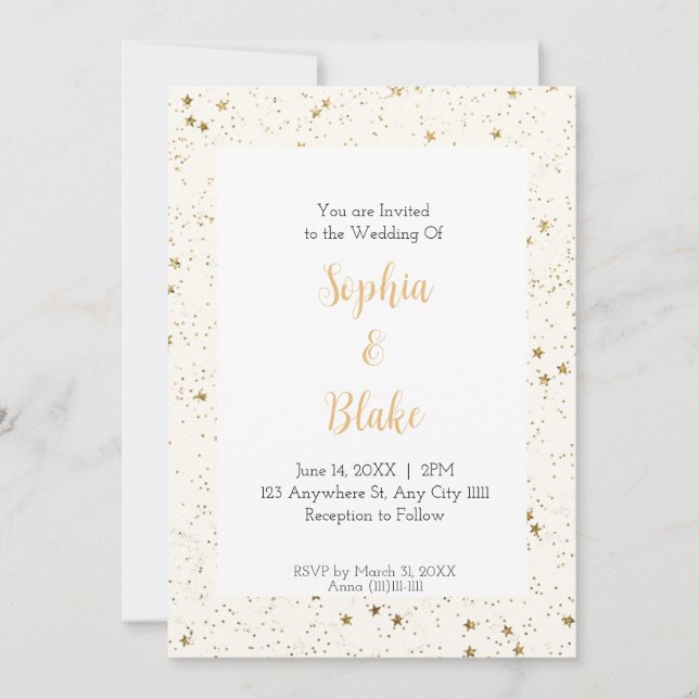 Invitación Boda Celestial Suave con Estrellas de Oro (Anverso)
