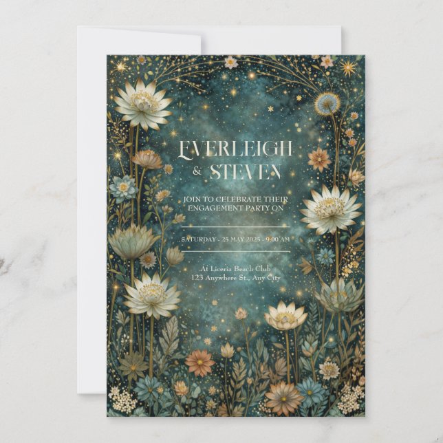 Invitación Boda Celestial Teal con Astrantia bajo las Estrell (Anverso)