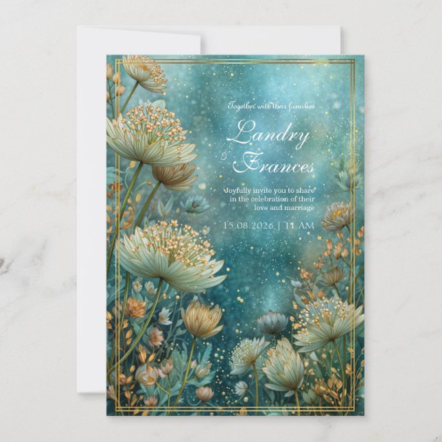 Invitación Boda Celestial Verde Teal Dorada Astrantia (Anverso)