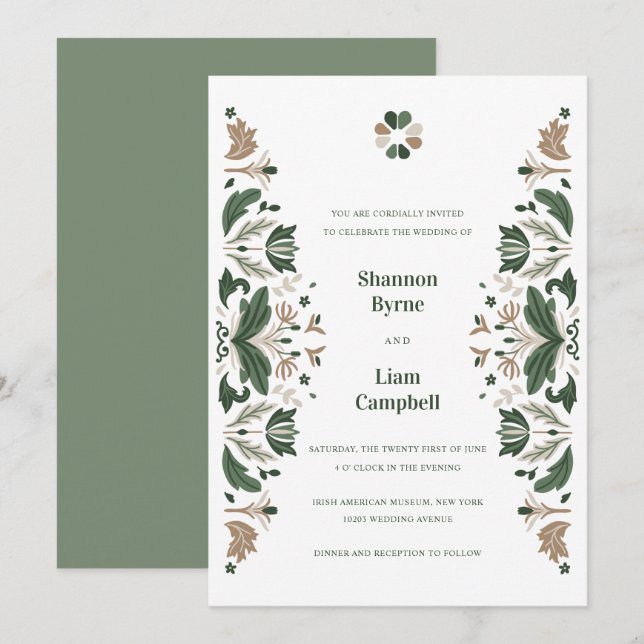 Invitación Boda celta de arte folclórico irlandés Shamrock (Anverso / Reverso)