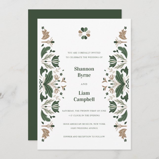 Invitación Boda celta de arte folclórico irlandés Shamrock (Anverso / Reverso)