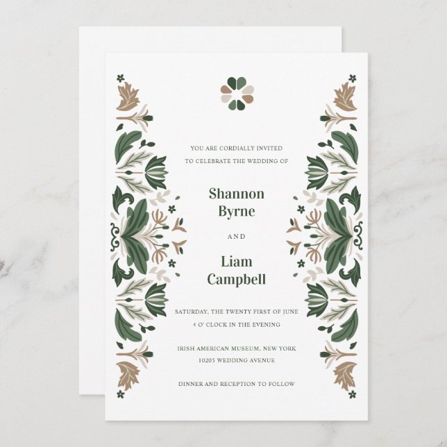 Invitación Boda celta de arte folclórico irlandés Shamrock (Anverso / Reverso)
