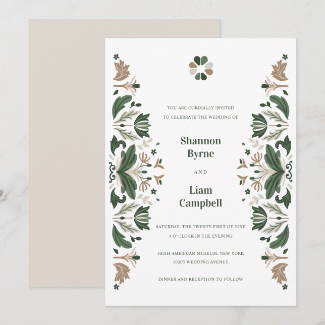 Invitación Boda celta de arte folclórico irlandés Shamrock (Anverso / Reverso)