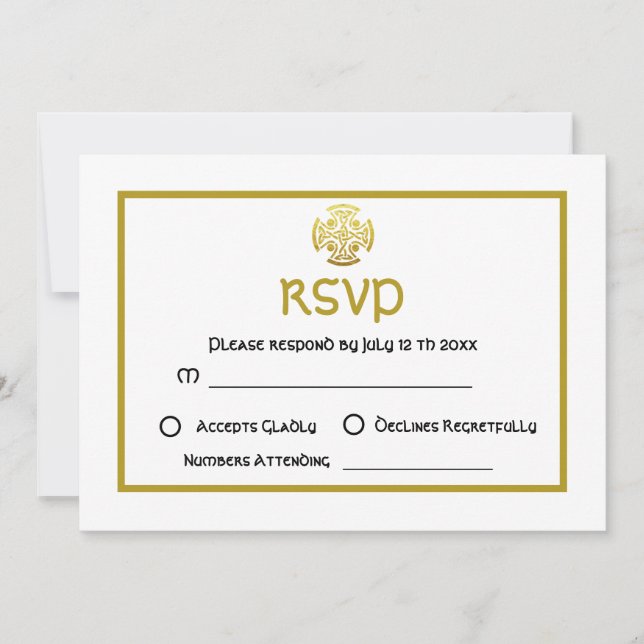 Invitación Boda Celta Falso Oro Cruz Nudo Celta RSVP (Anverso)