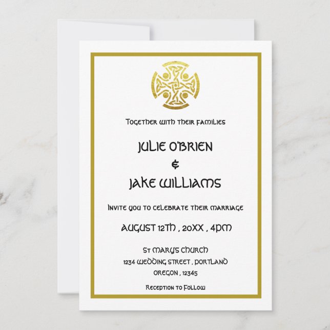 Invitación Boda Celta Faux Gold Celtic Knot Cross (Anverso)