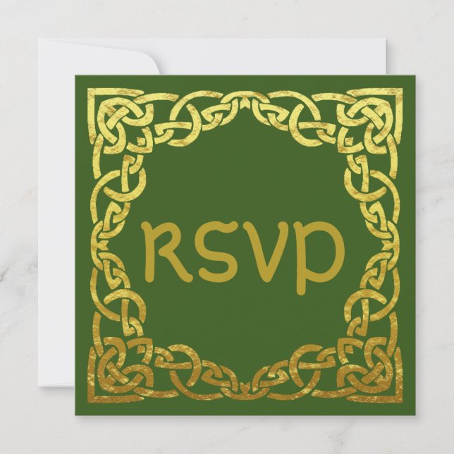 Invitación Boda Celta Verde | Nudo Celta Dorado Falso RSVP (Anverso)