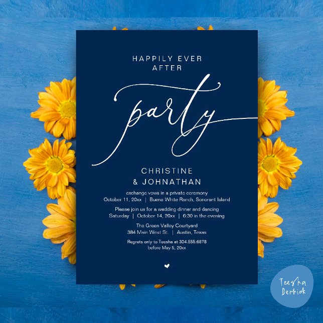 Invitación Boda Cena Fiesta Baile Felices para Siempre (Happily Ever After Romantic Wedding Dinner Party Dancing Modern Clean Invites Card PDF Navy Blue)