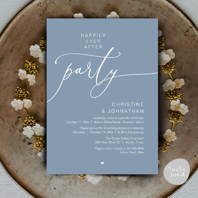 Invitación Boda Cena Fiesta Baile Felices para Siempre (Happily Ever After Romantic Wedding Dinner Party Dancing Modern Clean Invites Card PDF Dusty Blue)