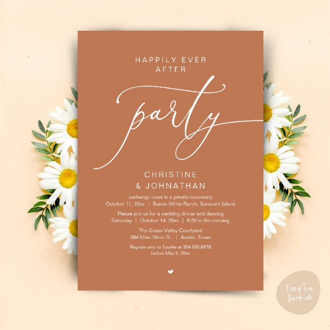 Invitación Boda Cena Fiestade Baile Felices para Siempre (Happily Ever After Romantic Wedding Dinner Party Dancing Modern Clean Invites Card PDF Copper Brown)