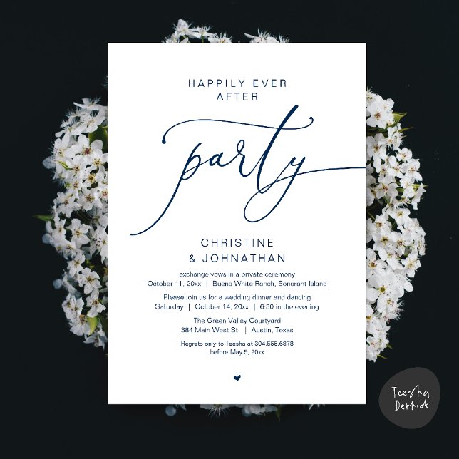 Invitación Boda Cena Fiestadebaile Felices para Siempre (Happily Ever After Romantic Wedding Dinner Party Dancing Modern Clean Invites Card PDF Navy Blue)