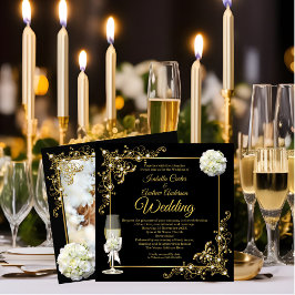 Invitación Boda Champagne Black Gold Pearl Photo