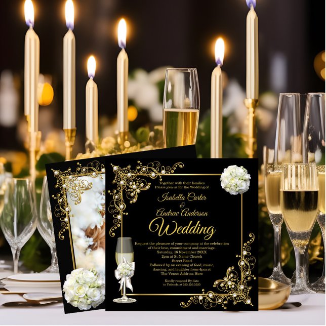 Invitación Boda Champagne Black Gold Pearl Photo (Subido por el creador)