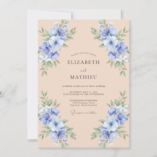 Invitación Boda champán con flor de aciano costera (Anverso)