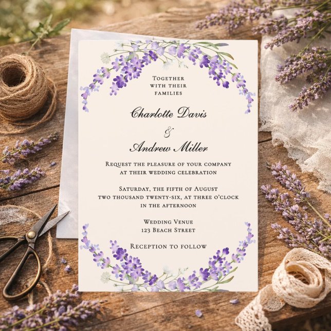 Invitación Boda champán de crema de flores de lavanda (Subido por el creador)