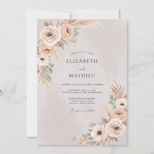 Invitación Boda Champán Pampas Follaje Eucalipto (Anverso)