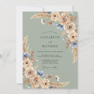 Invitación Boda Champán Taupe Pampas Eucalipto