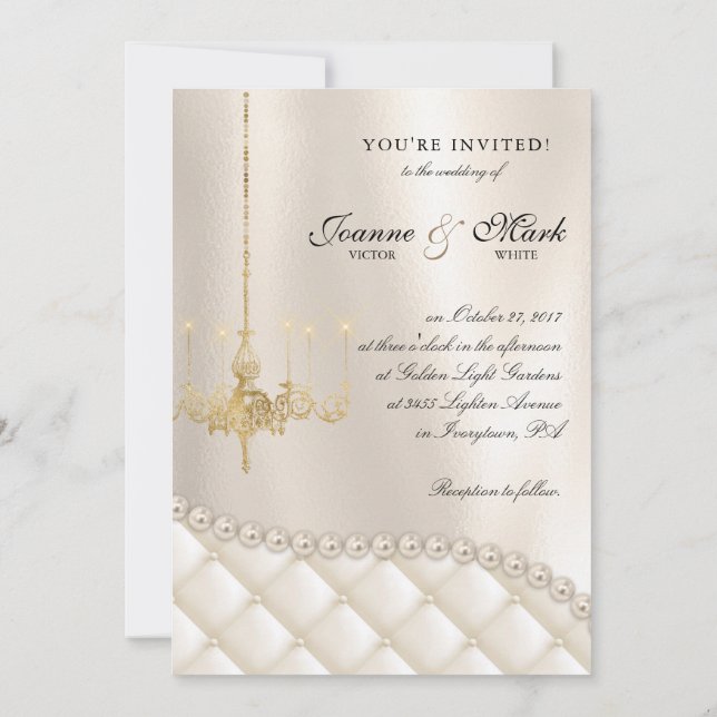 Invitación Boda Chandelier Iluminando Marfil Pearls Satin (Reverso)