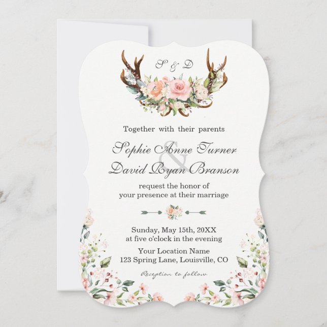 Invitación Boda Charm Cream Floral Antlers (Anverso)