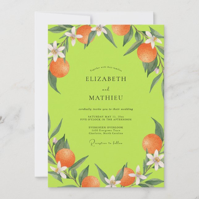 Invitación Boda Chartreuse Cítrico Naranja Eucalipto (Anverso)