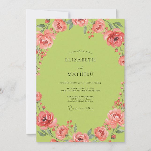 Invitación Boda Chartreuse Coral Ranunculus Eucalipto (Anverso)