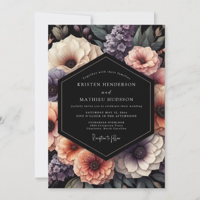 Invitación Boda Chiaroscuro de Carbón y Melocotón (Anverso)