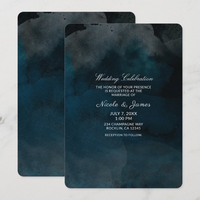 Invitación Boda Chic Azul Malhumorado de Acuarela Moderna (Anverso / Reverso)