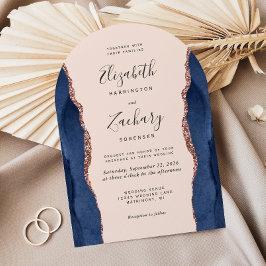 Invitación Boda Chic Azul Marino Rosa Oro Ágata Rubor Arco