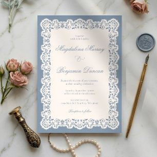 Invitación Boda Chic Azul Polvoriento Elegante Encaje Marfil