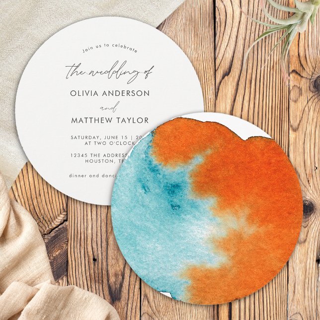 Invitación Boda Chic Boho Arte Acuarela Naranja Quemada (Front/Back)