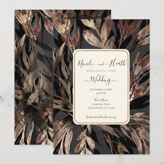 Invitación Boda Chic Botánica Floral Bronceada Audaz (Anverso / Reverso)