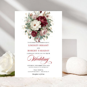 Invitación Boda Chic Burgundy y Flores Blancas Oro