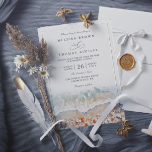 Invitación Boda Chic Código QR Acuarela Rústica Concha