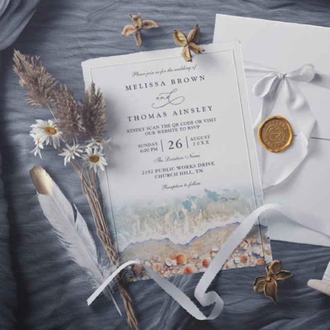 Invitación Boda Chic Código QR Acuarela Rústica Concha (Subido por el creador)