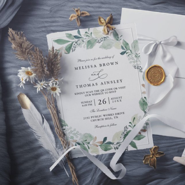 Invitación Boda Chic Código QR Hojas de Eucalipto Acuarela (Subido por el creador)