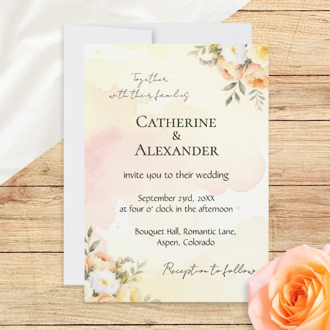 Invitación Boda Chic con Acuarela Floral Rústica (A pretty wedding invitation template with rustic peach, white and yellow roses in a watercolor style)