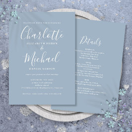 Invitación Boda Chic con guión simple todo en uno azul polvor