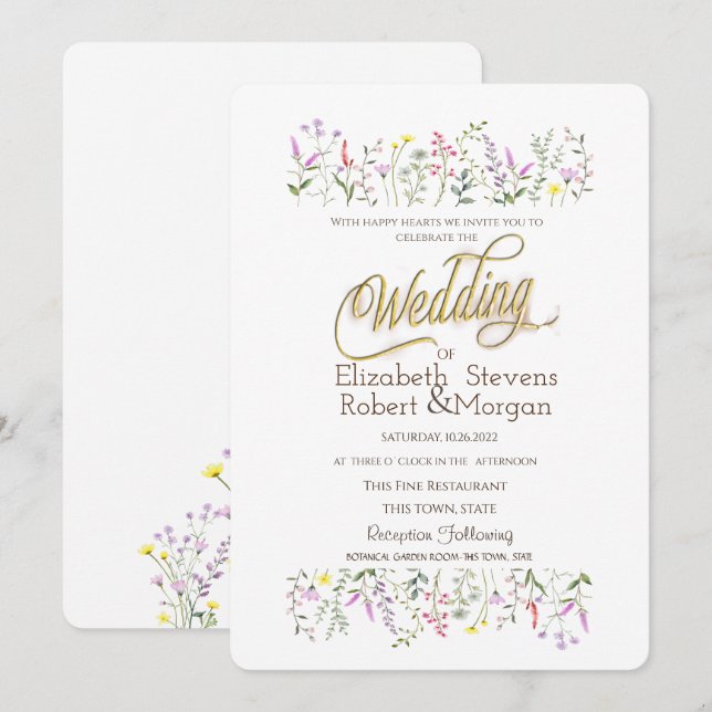 Invitación Boda Chic de Acuarela con Flores Silvestres (Anverso / Reverso)