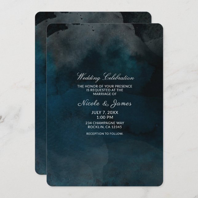 Invitación Boda Chic de Acuarela Moderna Azul Melancolía (Anverso / Reverso)