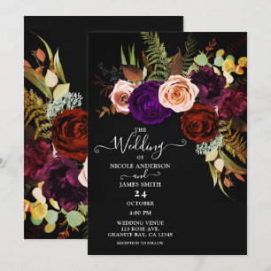 Invitación Boda Chic de Color Audaz con Floral Oscuro y Verdo